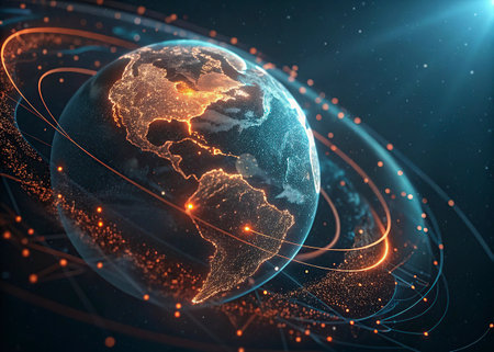 Global network connection over the planet Earth. 3d rendering toned imageの写真素材