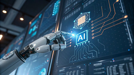 3D rendering robot hand working with artificial intelligence AI, machine learning, neural networks and machine learning concept.の写真素材