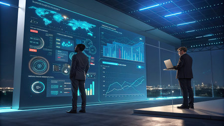 Businessman in modern interior using hologram screen. 3D rendering