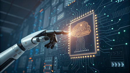 Robot hand on blurred background holding chip in palm 3D rendering