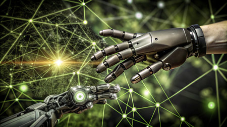 Robot hand touching human arm against green network background 3D rendering