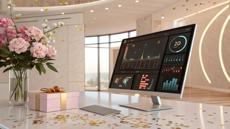 3D Illustration. Computer screen with stock market data on the table.の写真素材