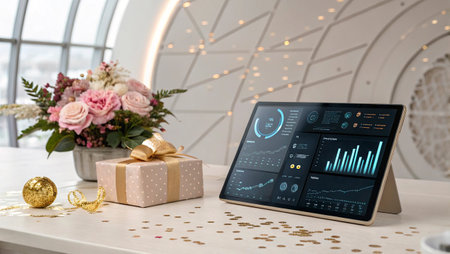 Tablet with financial data on screen and gift box on table in office