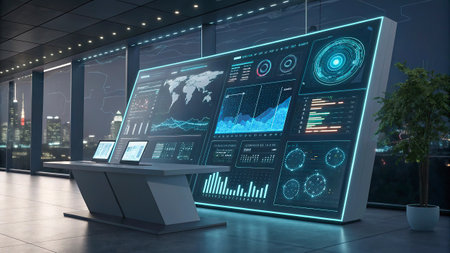 Modern office interior with financial charts and graphs on wall 3D rendering