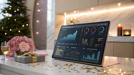 digital tablet with financial charts on screen and gift box on table in kitchen