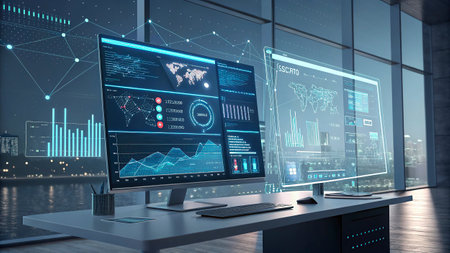 3D rendering of a modern office interior with a computer and a screen with financial charts