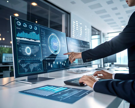 business, people and technology concept - close up of businessman working with computer in office