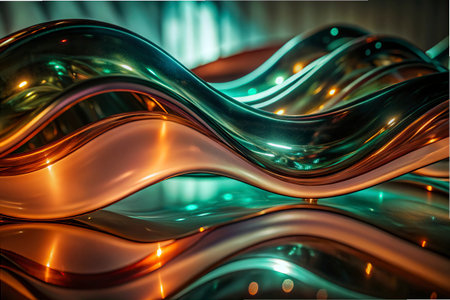 3d rendering, abstract wavy metallic background with glowing lines.の写真素材