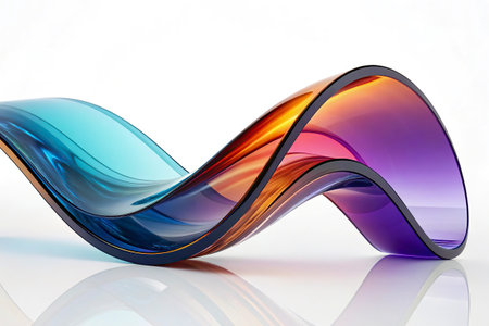 3d render of colorful glass waves on white background with reflection.