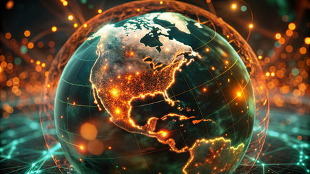 World map on a technological background, glowing lines symbols of the Internet, radio, television, mobile and satellite communications.の写真素材