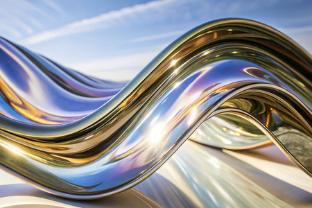 abstract metal curve in the blue sky background. 3d renderの写真素材