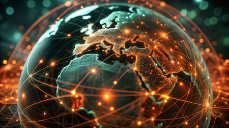 Global network connection over the planet Earth. 3D rendering toned image