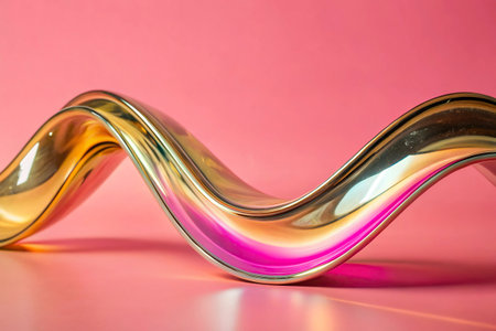Close-up of a shiny metallic curve on a pink background.の写真素材