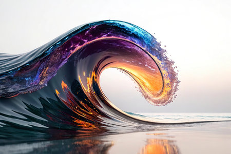 3D illustration of a wave with splashes on the water surfaceの写真素材
