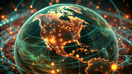 World map on a technological background, glowing lines symbols of the Internet, radio, television, mobile and satellite communications.の写真素材