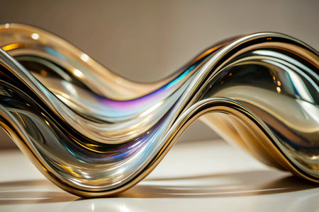 abstract color glass wave on a 3d render Close up of a shiny metallic wavy shape on a white backgroundの写真素材