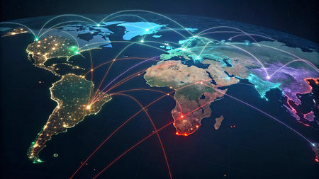 World map from space on planet Earth at night with international network representing communication,...