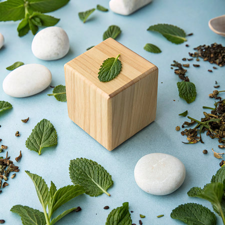 Natural herbal tea with fresh mint leaves and wooden cube on blue backgroundの写真素材