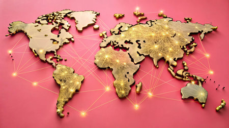 Global network concept with world map on pink background. 3d renderingの写真素材