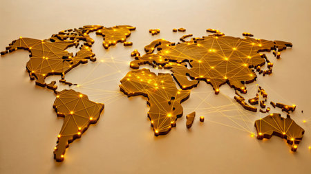 World map made of glowing yellow points and lines. Abstract background.の写真素材