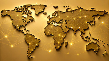 World map with glowing lines and dots. Global network connections. 3D rendering