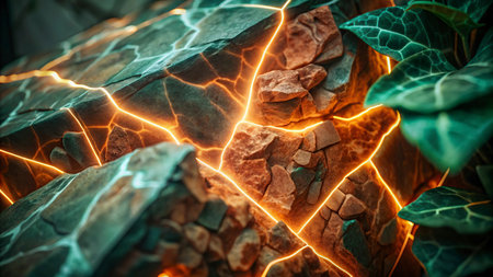 Neon light on the stone in the garden. Abstract background.の写真素材