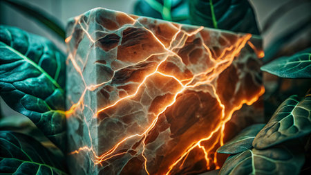 Laser light on green leaves. Nature background. Toned.の写真素材