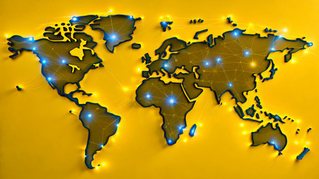 World map with glowing lights on yellow background. Global network concept.の写真素材