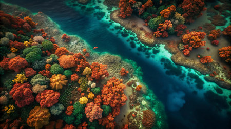Colorful autumn trees on the island in the sea, 3d renderの写真素材