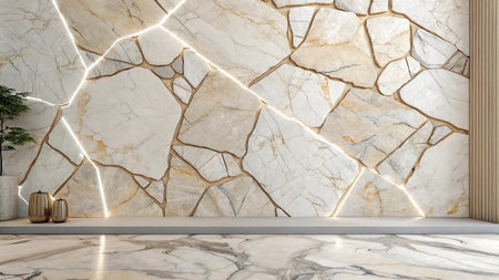 3d render of a marble wall and floor with a decorative plantの写真素材