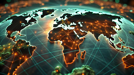 World map on a technological background, glowing lines symbols of the Internet, radio, television, mobile and satellite communications.の写真素材