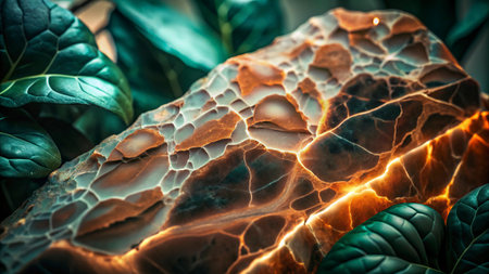 Abstract background of natural stone with green leaves. Close up shot.の写真素材
