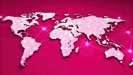 World map with glowing network connections on pink background. 3D rendering