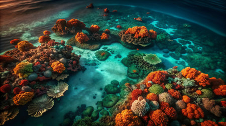 Underwater view of the coral reef at sunset, 3d renderの写真素材