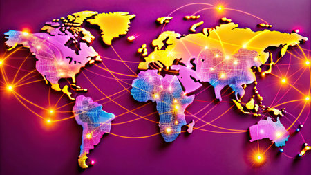 World map with glowing lines on color background. Concept of globalization.の写真素材