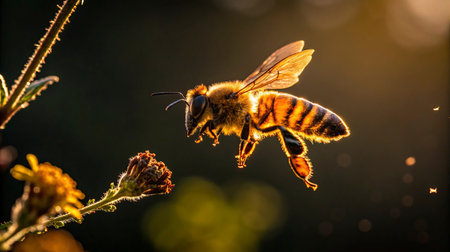 Close up of a bee pollinating a flower in the sun.の写真素材