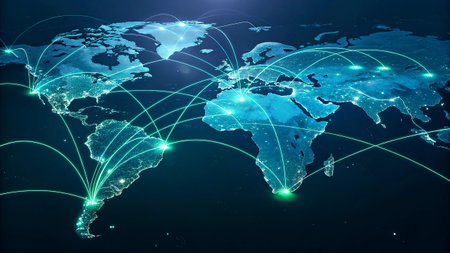 World map and glowing lines on dark background. Globalization concept. 3D Rendering