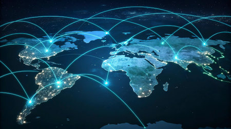 World map with glowing lines representing global network connections. 3D rendering