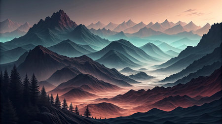 Fantasy landscape with mountains and forest. Vector illustration. Eps 10の写真素材