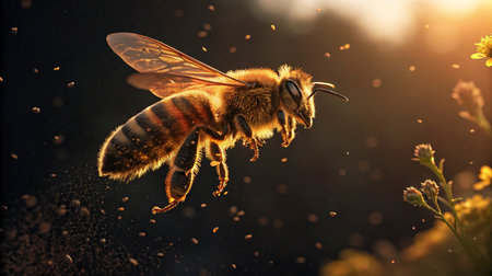 Honey bee flying in the air. Macro shot of a honeybee flying in the sun.の写真素材