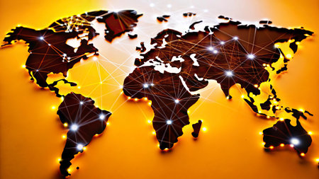 World map with glowing lines on yellow background. Global network concept.の写真素材
