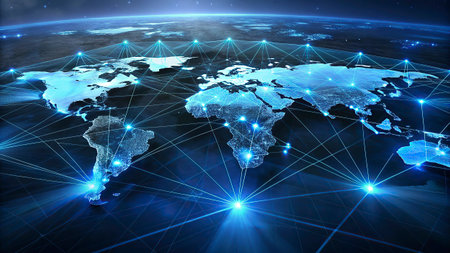 Best Internet Concept of global business. Globe, glowing lines on technological background. 3D...
