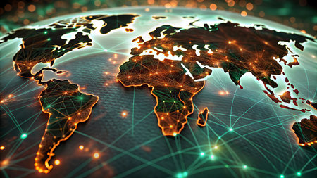World map with glowing lines on technological background. 3D illustration.