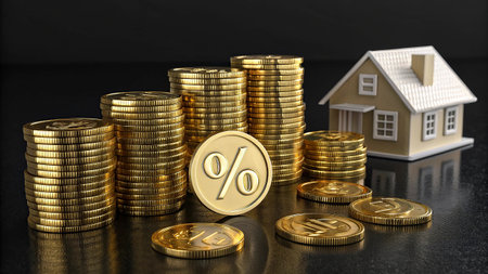 Real estate investment concept. Gold coin with percent sign and house model on black background.の写真素材