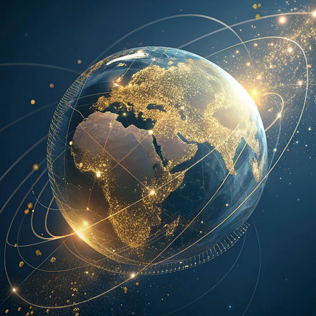 Best Internet Concept of global business. Globe, glowing lines on technological background. Wi-Fi, rays, symbols Internet, 3D illustrationの写真素材
