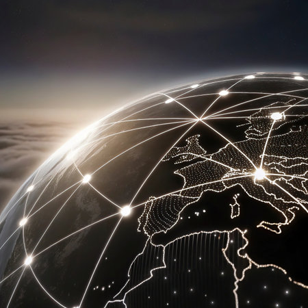 Global network on earth at night. Internet concept. 3D illustrationの写真素材