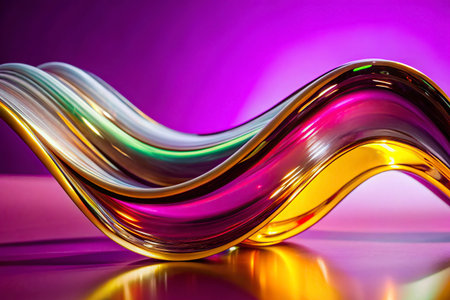 close up of colorful glass waves on black and purple background with reflectionの写真素材