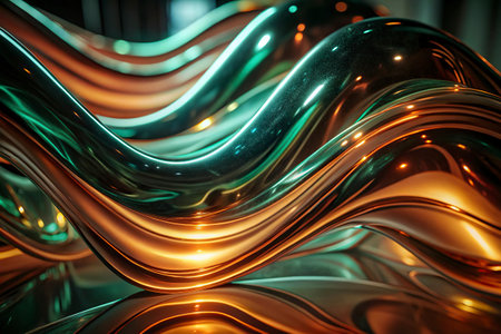 3d rendering of abstract wavy metallic background with glowing lights.の写真素材