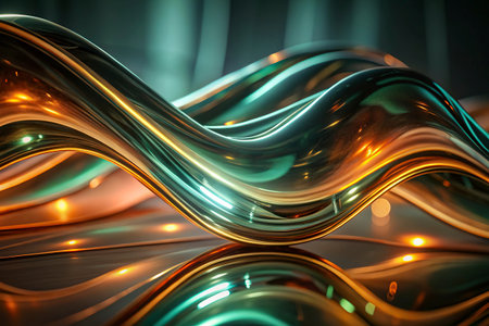 3d rendering of abstract wavy metallic background with glowing elements.の写真素材