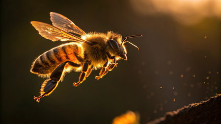 Honeybee in flight on a blurred background. Close up.